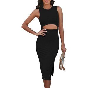 Women's Sleeveless Cut Out Side Slit Ribbed Knit Bodycon Tank Midi Dress